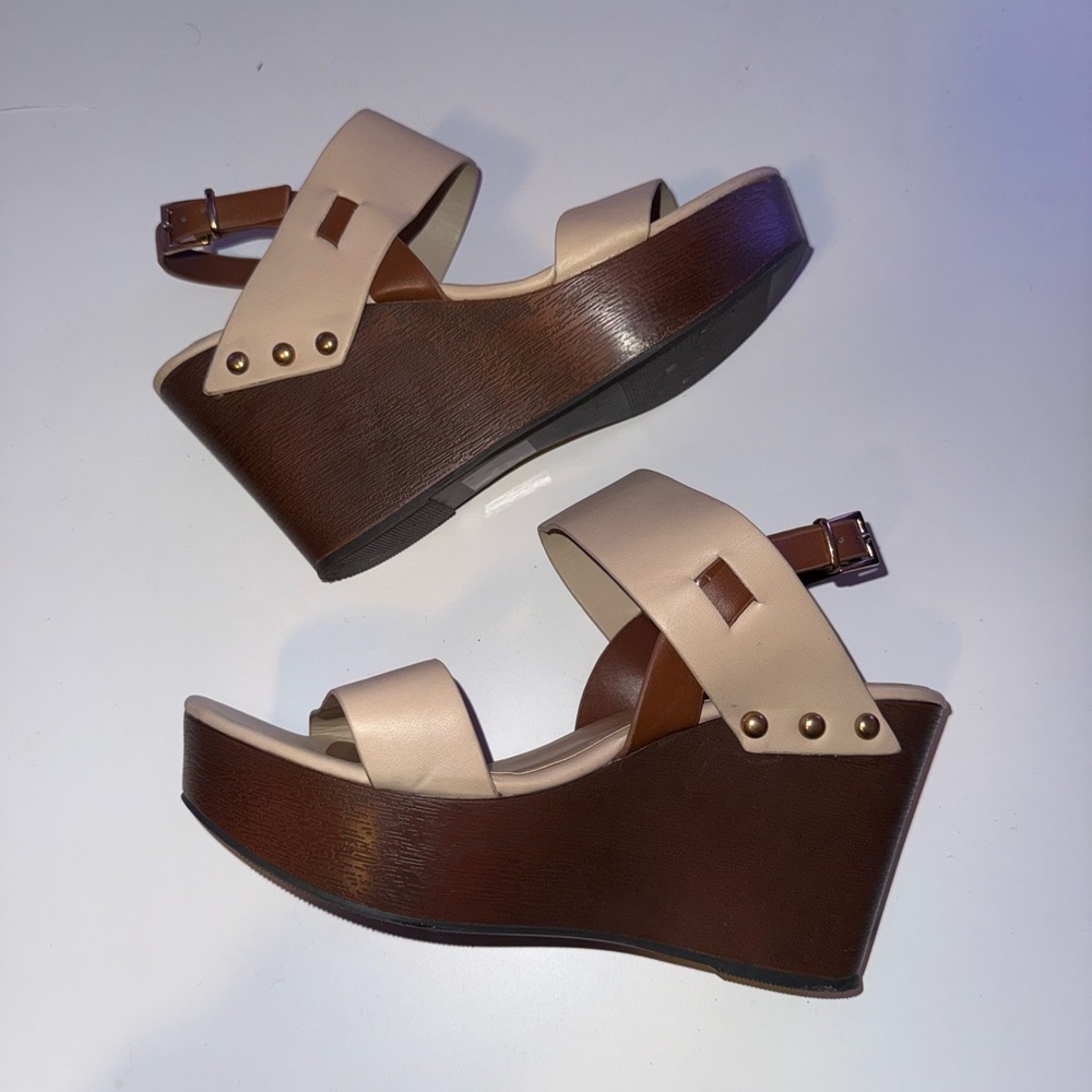 Cream and Brown Wedge Sandals